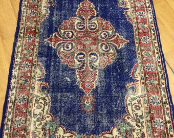 Vintage Wool Turkish Rug, Blue Medallion Carpet (4x7 ft)