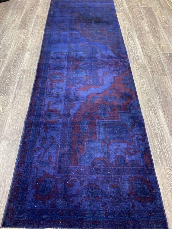 Vintage Turkish Wool Runner Rug 270×88 cm – Handwoven Hallway Runner, Blue Distressed Floor Carpet