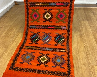 Turkish kilim, orange  kilim, area kilim, 2,4x10.5 ft rug, anatolian kilim, runner kilim, hallway runner  rug , vintage  kilim,  runner rug