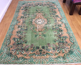 トルコ絨毯　緑と茶色　ラグ・カーペット トルコ絨毯、4 x 7 フィート、フロア ラグ、ブラウン カラー ラグ