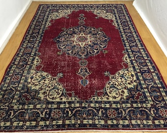 turkish rug,8x11 ft rug,red navy rug,floor rug,designer rug,decorative rug,area rug,furniture rug,hand knotted rug,bohemian rug,vintage rug
