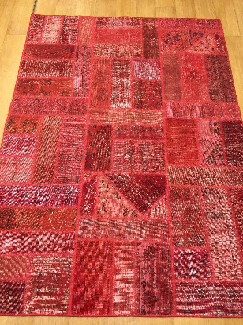 Patchwork,5x7 red patch rug,area,rug, decorative rug, designer rug, Vintage Rug, Handmade Turkish rug, Bohemian Rug, Kilim Rug,interior rug image 3