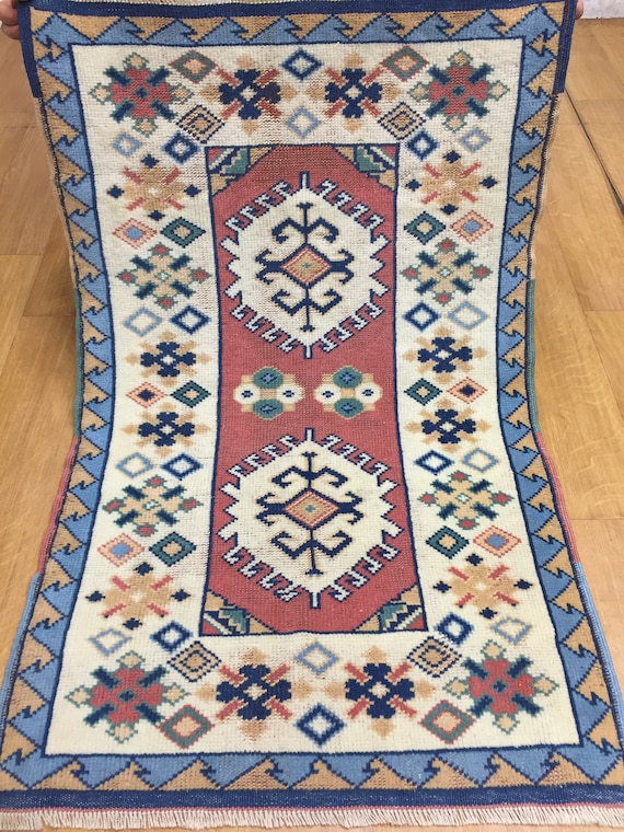 ヴィンテージラグ、3 x 4 フィートのトルコ製ラグ、ベビーブルーラグ