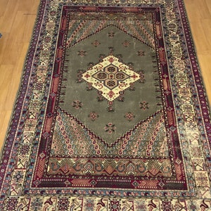 May include: A vintage rug with a green center and intricate patterns in shades of red, blue, and cream. The rug has a fringed border.