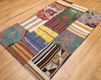 Turecki kilim patchwork, dywan 5x3 stopy kilim dywan, obszar kılım, dywan boho kolorowy aztecki kilim