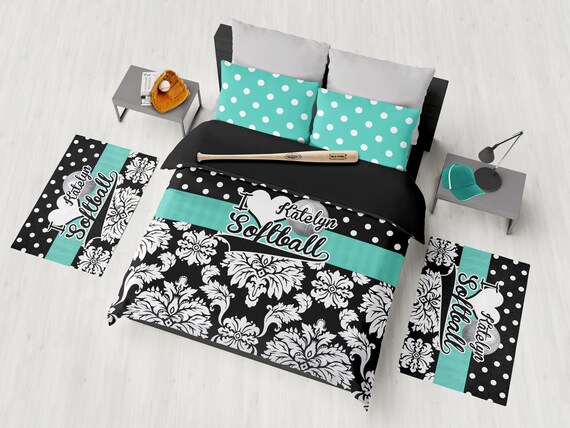 Personalized Softball Bedding Black And Teal Softball Etsy