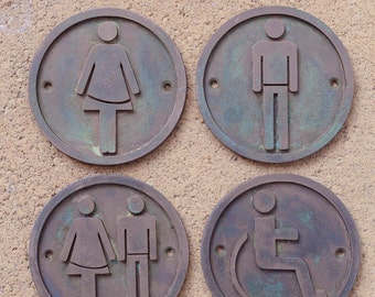 Set of 4 Toilet Door Signs, Male, Female, Wheel Chair, Disabled Unisex Bathroom sign. Bronze Resin, Door Wall Plaques Small, Round, HandMade