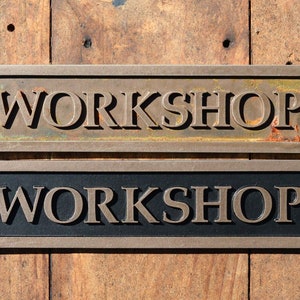 WORKSHOP Door Sign. Black or Bronze. Victorian, New, Old Style Rustic Western Home Country Shed Garage Decor. Hand Cast Bronze Resin Plaque