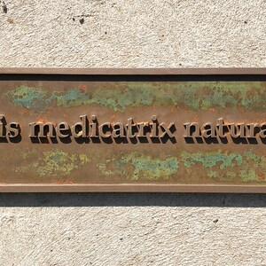 May include: Rectangular bronze plaque with the Latin phrase "vis medicatrix naturae" in raised lettering. The plaque has a weathered, aged appearance with green and brown patina, and is mounted on a textured, light gray surface.
