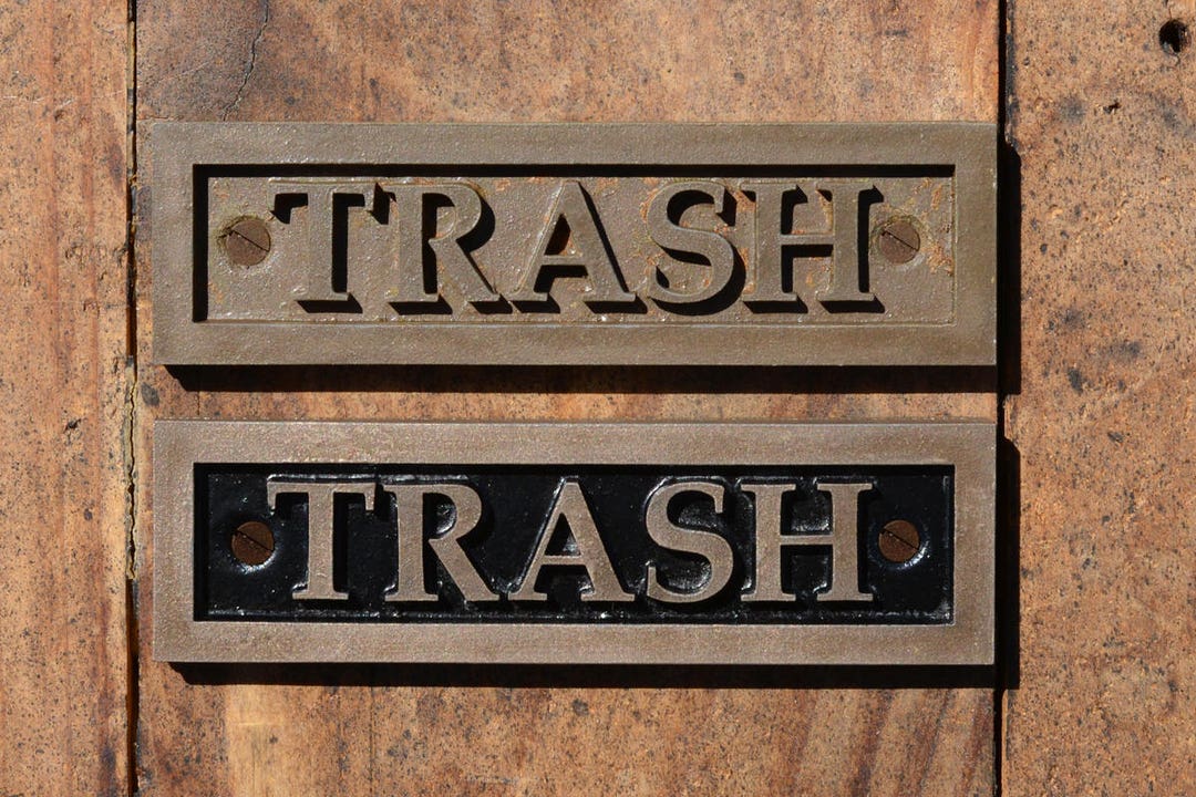 TRASH Sign. Small or Large, Cold Cast Bronze Resin Door, Trash Can Sign ...