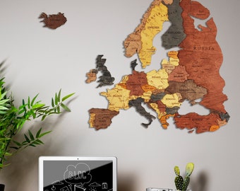 3D Wooden Europe Map, Europe Map Wall Art, Home Decor, Map Europe Push Pin, office decor