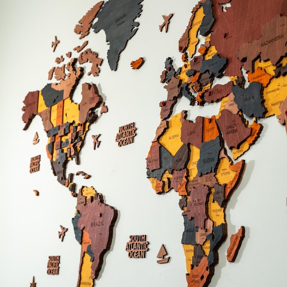 3Dアート　おしゃれ　インテリア プラデック ウッド　クラフト Wooden World Map, 3D World Map, Home Decor, Gift for Boyfriend