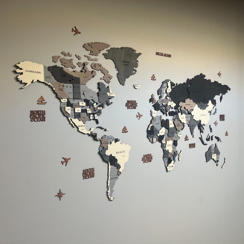 3d wooden world map gray edition, wood map wall art for new home