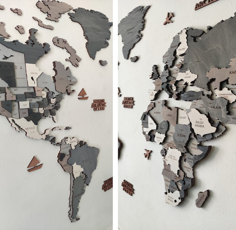 shades of grey and white colors wooden world map