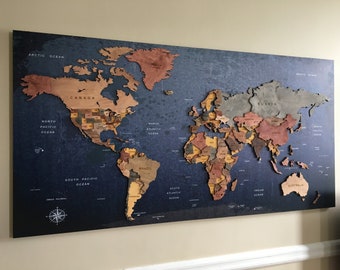 Carte en bois, carte du monde en bois avec arrière-plan, grande oeuvre d'art murale, carte du monde, décoration murale en bois, carte du monde, décoration de bureau, carte, carte en bois, carte du monde en bois