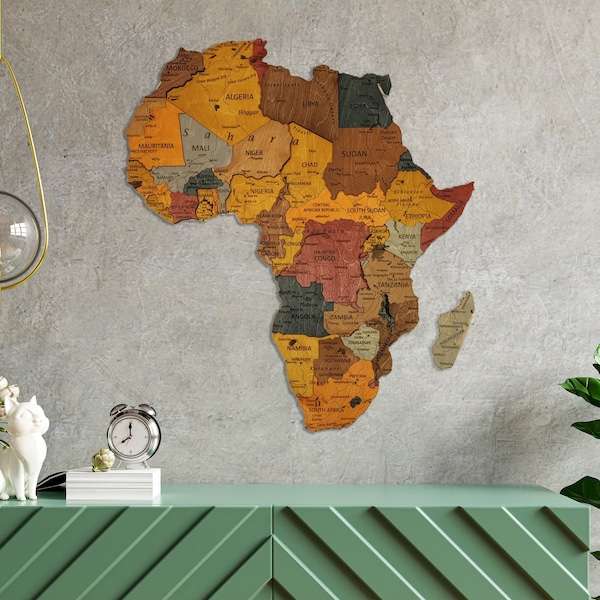 Mappa dell'Africa in legno, Oggettistica per la casa, Mappa dell'Africa in legno 3D, Mappa dell'Africa dettagliata per parete, arte della parete dell'Africa 3D, Arredamento per ufficio, regalo per la fidanzata,