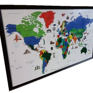 Weltkarte mit Wahrzeichen Traveller Map Geschenk Map Hallowen Geschenk Push Pin Cork Map Monuments Map