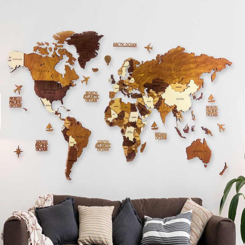 3D Wooden World Map, 5th Anniversary Gift for Couples, Wood Map of the World Travel Wall Décor, World Traveler Gift, Office World Map image 3