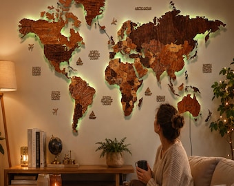 Mapa del mundo 3D de madera con retroiluminación LED, arte de pared de madera retroiluminado, mapa de viaje grande, mapa iluminado RGB, regalo de decoración para el hogar y la oficina, regalo de aniversario