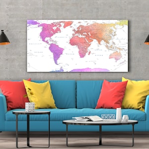 Canvas World Map, Mapa del mundo detallado Lienzo, Mapa del mundo rosa, Mapa del mundo púrpura, Mapa de arte mural de lienzo
