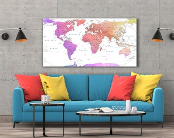 Canvas World Map, Detailed World Map Canvas, Pink World Map, Purple World Map, Canvas wall art map