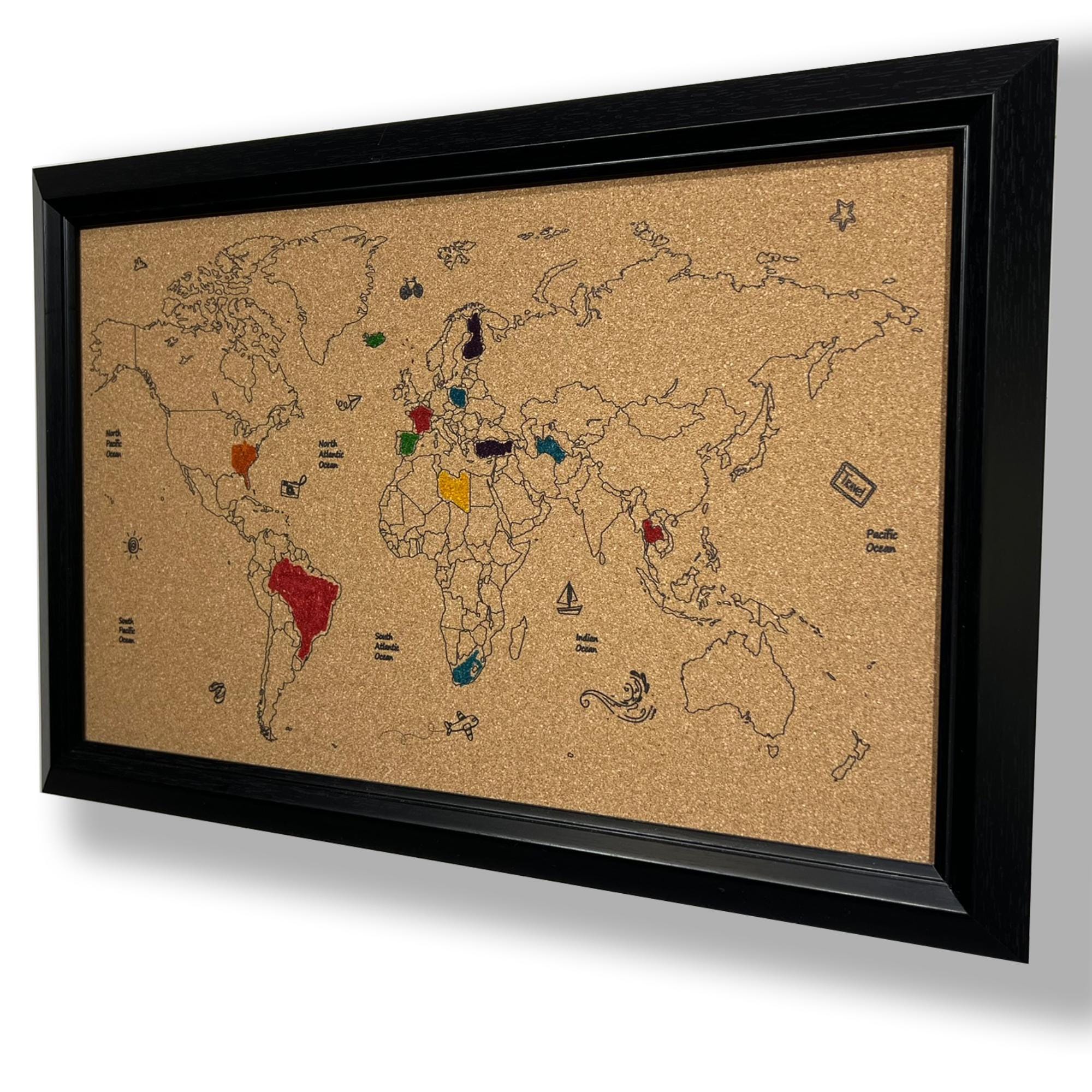 Paintable Cork World Map With Pins, 50x35 Cm, Minimal Push Pin Travel ...