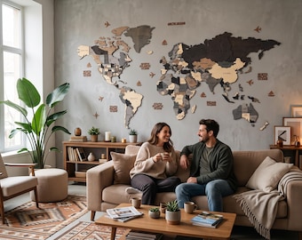 May include: A large, multi-layered wooden world map wall art installation featuring various shades of brown, gray, and beige. The map includes laser-cut continents, country names, ocean labels, and small decorative icons like airplanes and ships.