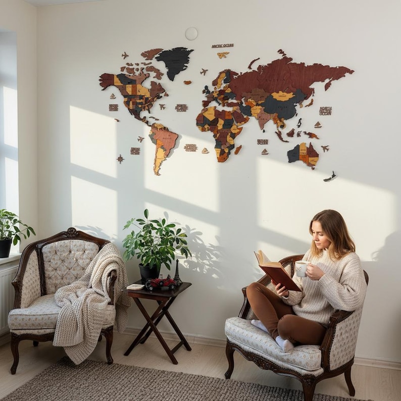 Wooden World Map, 3D World Map, Home Decor, Gift for Boyfriend, Office Wall Art image 6