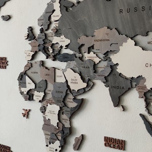 May include: A wooden world map with countries in shades of gray, brown, and beige. The map includes the names of countries and oceans. The word "CHINA" is visible on the map.