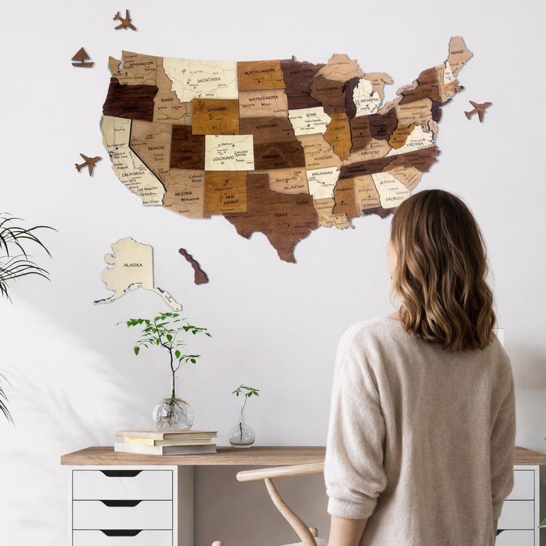 3D Wooden USA Map, US Travel Map, Push Pin Map, USA Wooden Wall Map ...