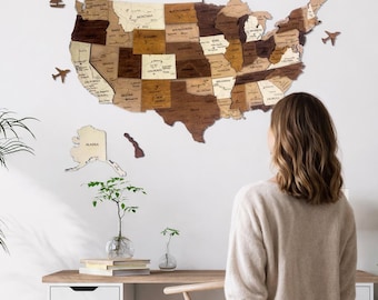 3D Wooden USA Map, US Travel Map, Push Pin Map, USA Wooden Wall Map, Housewarming gift, Home Decor, Anniversary Gift