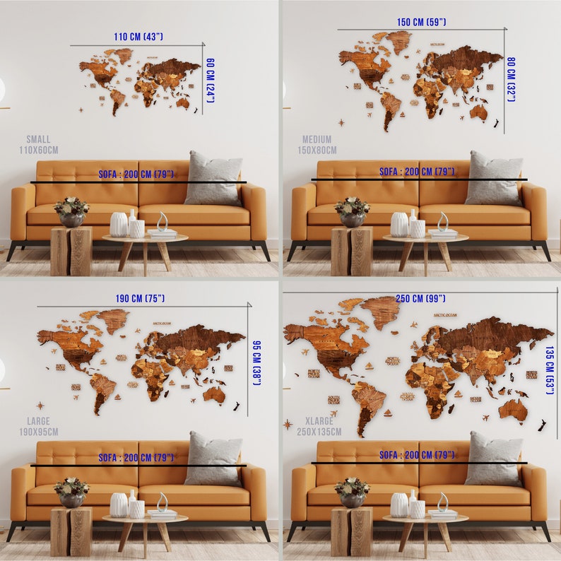 May include: Wooden world map wall art in four sizes: small (43" x 24"), medium (59" x 32"), large (75" x 38"), and x-large (99" x 53"). The maps are displayed above a sofa, showcasing the scale. The maps are made of wood.