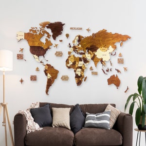 Mapa del mundo de madera para decoración de pared – multicapa de madera  teñida multicolor, nombres grabados –