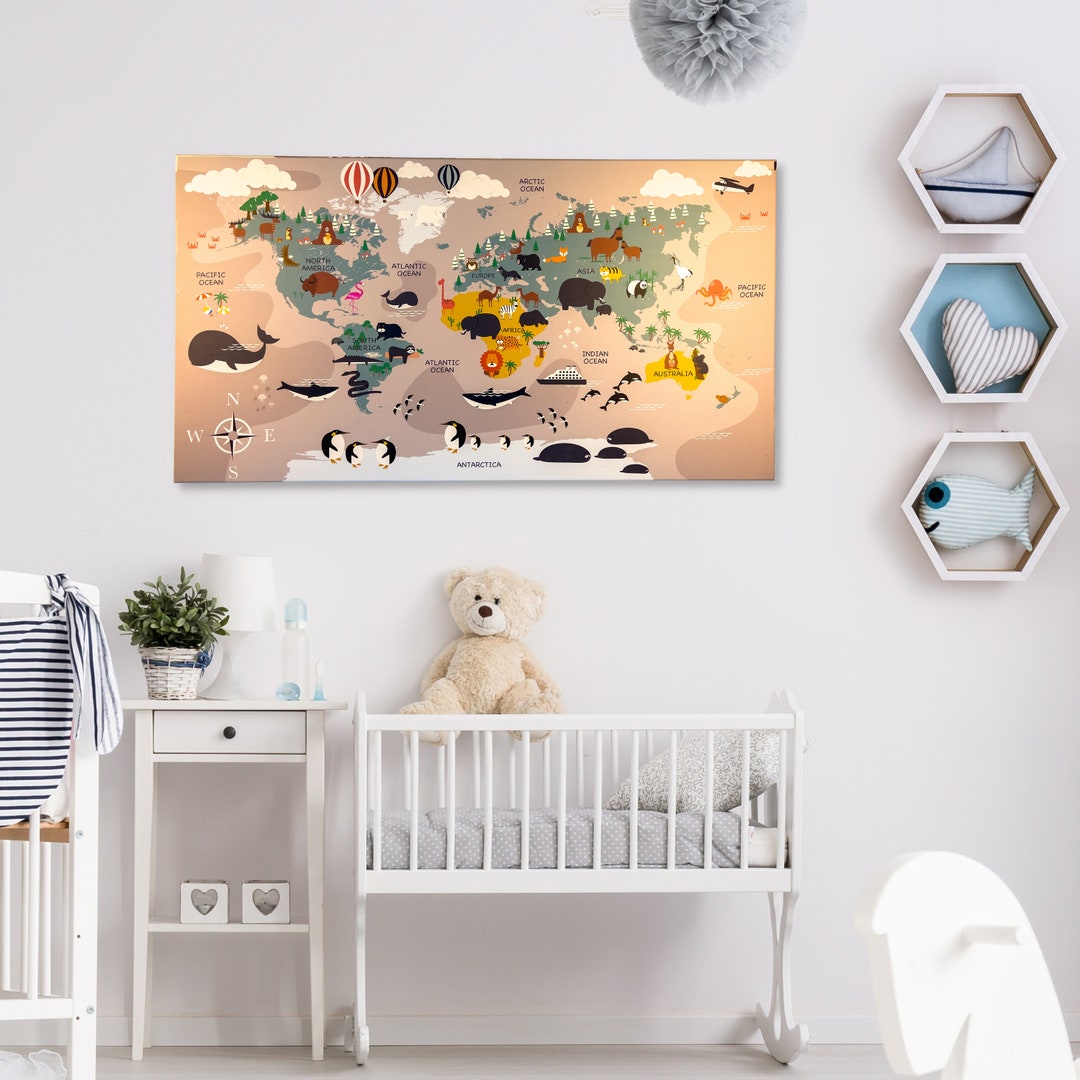 Canvas World Map for Nursery Room, Child Room World Map Canvas