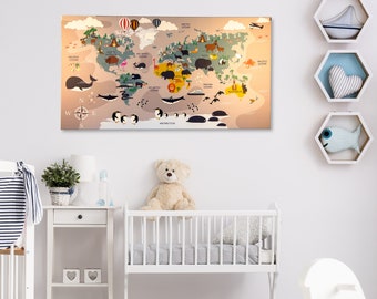 Canvas World Map for Nursery Room, Child room World Map Canvas, Colorful World Map, Canvas World Map for kids, Canvas nursery wall art gift