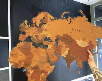 3D Cork World Map on Plexiglass: Push Pin Travel Tracker