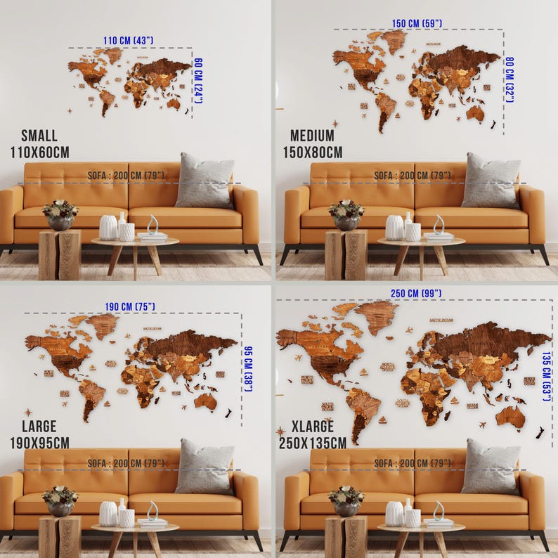 May include: Wooden world map wall art in four sizes: small (43" x 24"), medium (59" x 32"), large (75" x 38"), and x-large (99" x 53"). The maps are displayed above a sofa, showcasing the scale. The maps are made of wood.
