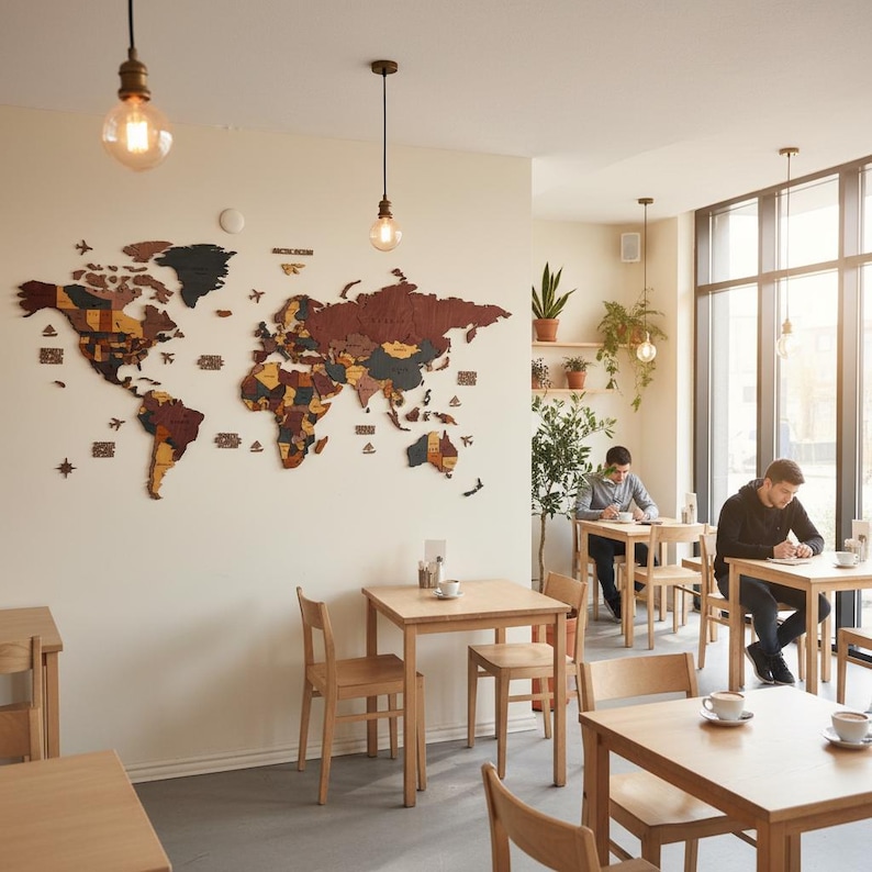 Large colorful 3D wooden world map wall art displayed in a bright modern café with wooden furniture