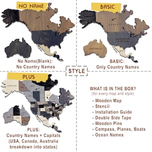 Wooden world map in three styles: No Name (blank), Basic (country names), and Plus (country names and capitals). The maps are made of wood and include a stencil, installation guide, double-sided tape, wooden pins, and ocean names.