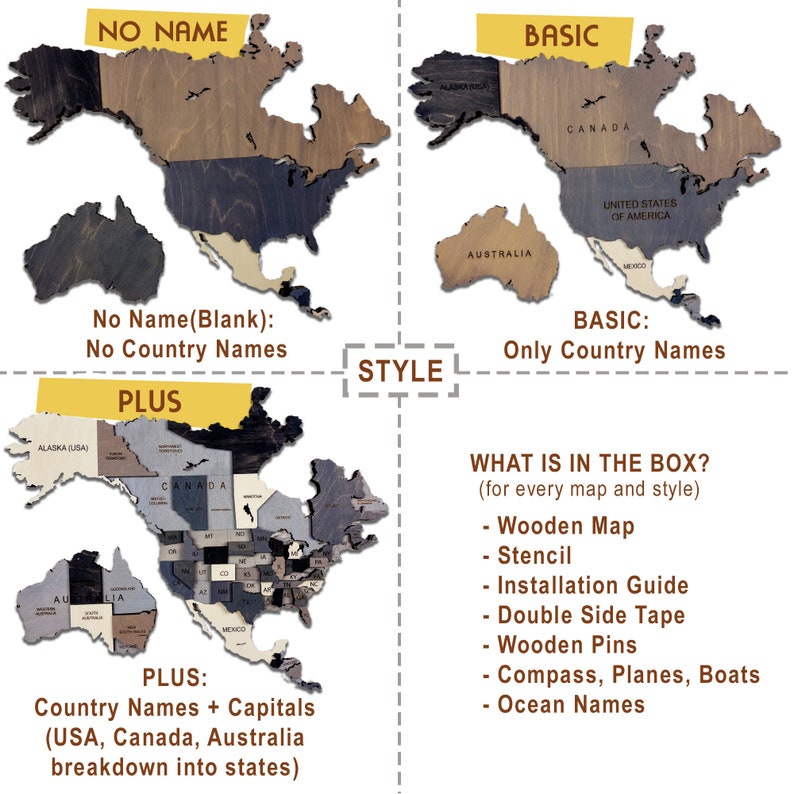 Wooden world map in three styles: No Name (blank), Basic (country names), and Plus (country names and capitals). The maps are made of wood and include a stencil, installation guide, double-sided tape, wooden pins, and ocean names.