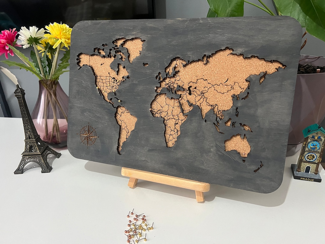 Cork Board World Map for Push Pins, Cork and Wooden World Map Gift