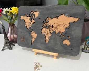 Cork Board World Map: Push Pin Travel Tracker, Customizable Gift
