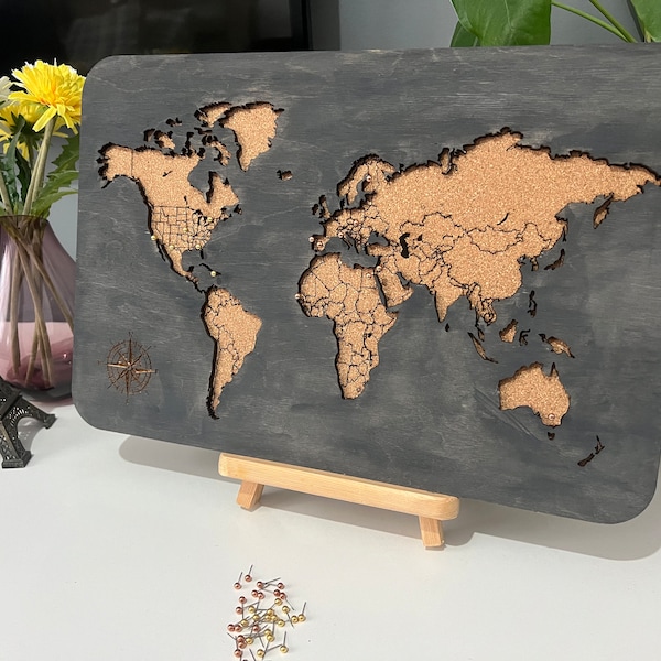 Cork Board World Map for push pins, customizable gift, push pin world map, cork world map gift, gift for boyfriend, gift for girlfriend