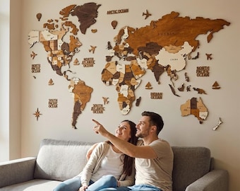 Mapa del mundo en 3D para pared, decoración de mapas de viaje, gran mapa de madera para pared, mapa de viaje con chinchetas, mapa de madera en 3D, regalo de inauguración de casa