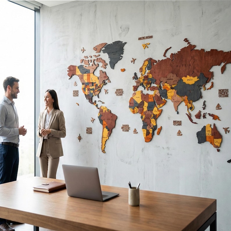 Wooden World Map, 3D World Map, Home Decor, Gift for Boyfriend, Office Wall Art image 3