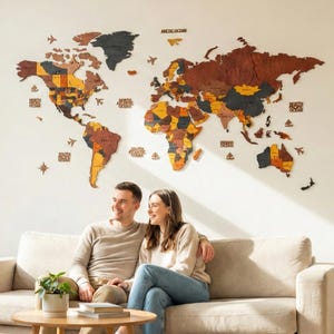 Mapa del mundo de madera, mapa del mundo en 3D, decoración para el hogar, regalo para novio, decoración de pared para la oficina.