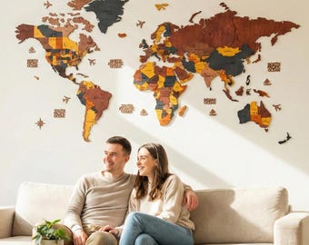 Mapa del mundo de madera, mapa del mundo en 3D, decoración para el hogar, regalo para novio, decoración de pared para la oficina.