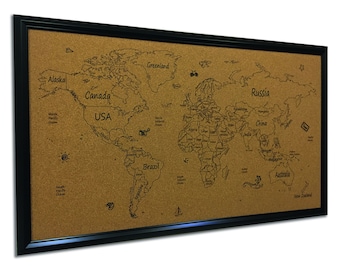 Framed Cork World Map: Push Pin Travel Tracker, Oak Frame