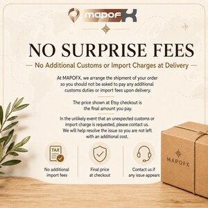 May include: An informational graphic for MAPOFX featuring the text NO SURPRISE FEES and No Additional Customs or Import Charges at Delivery. It includes icons for tax, a shield with a checkmark, and a headset, alongside a brown cardboard box.