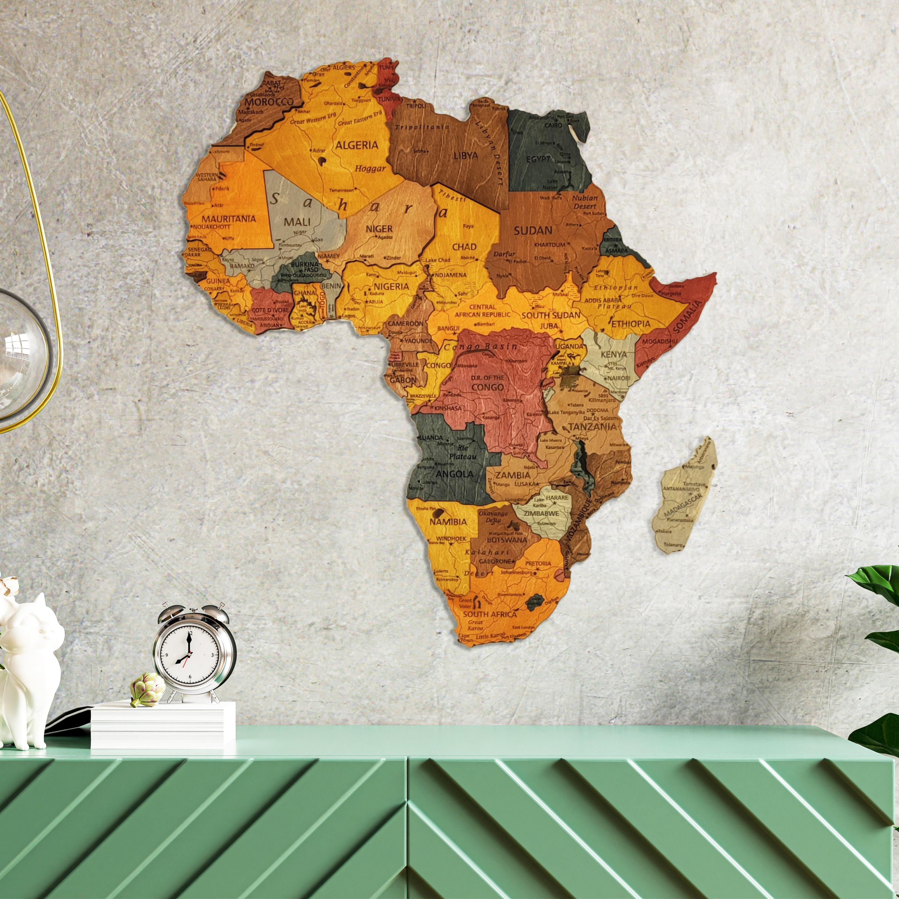 3D Wooden Africa Map: Detailed Africa Wall Art, Home Decor, Office